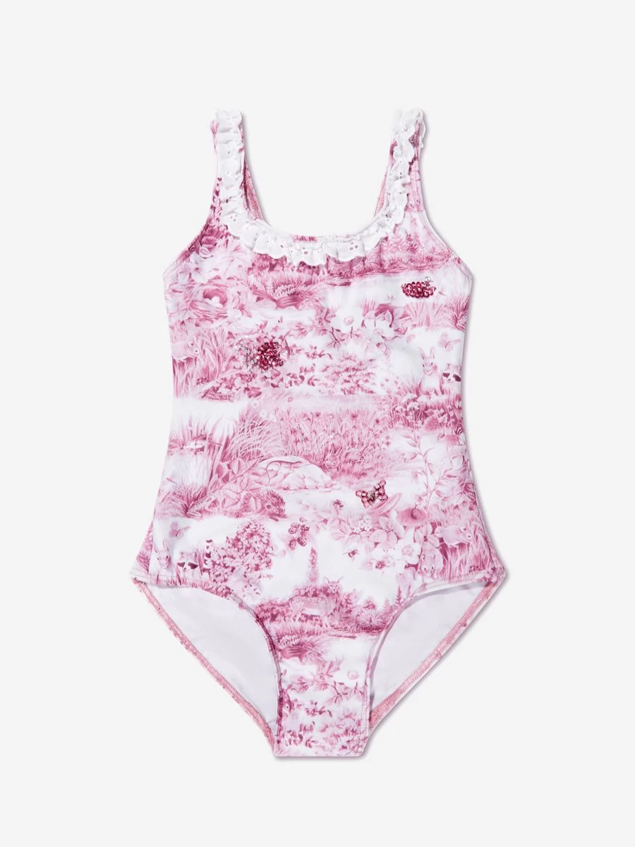 "Selini Action Teen Girls Pink Toile De Jouy Print Swimsuit"