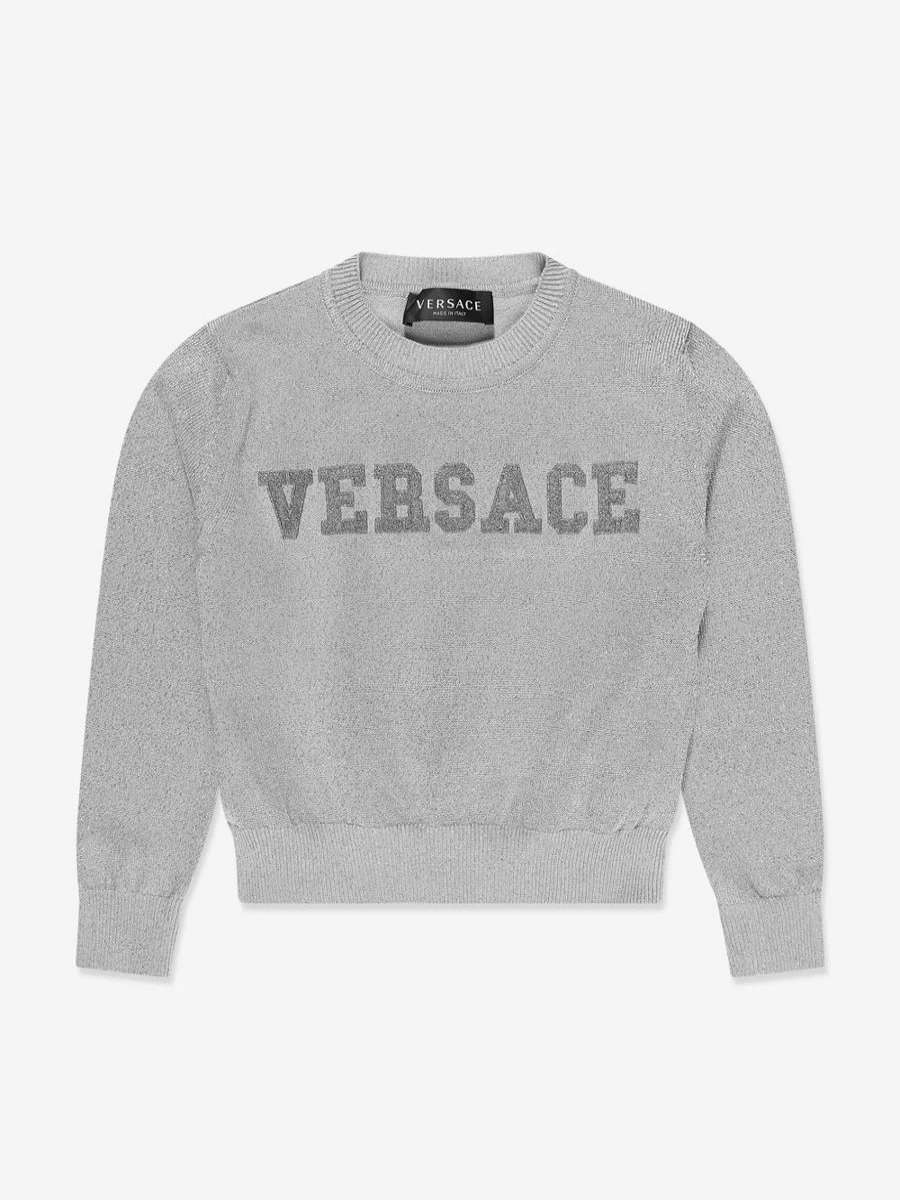 Versace Girls Silver Logo Knitted Sweater for Stylish Comfort