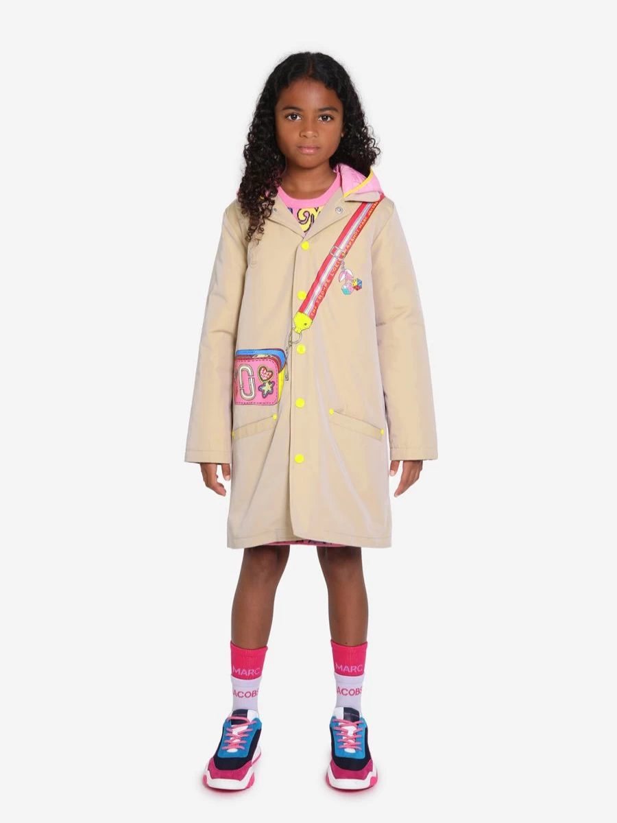 MARC JACOBS Girls Beige Trench Coat with Bag Print | Stylish Kids Outerwear