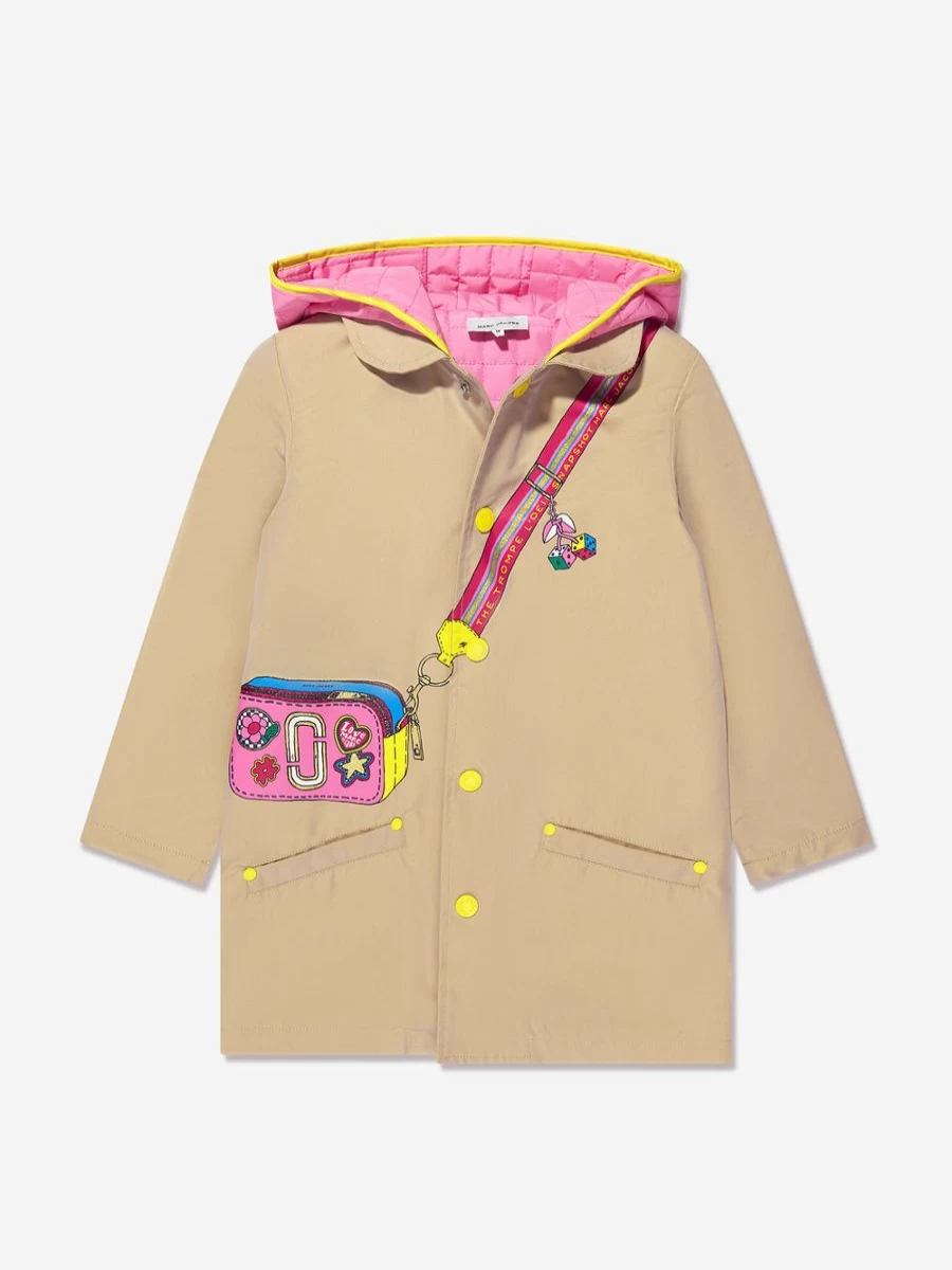 MARC JACOBS Girls Beige Trench Coat with Bag Print | Stylish Kids Outerwear