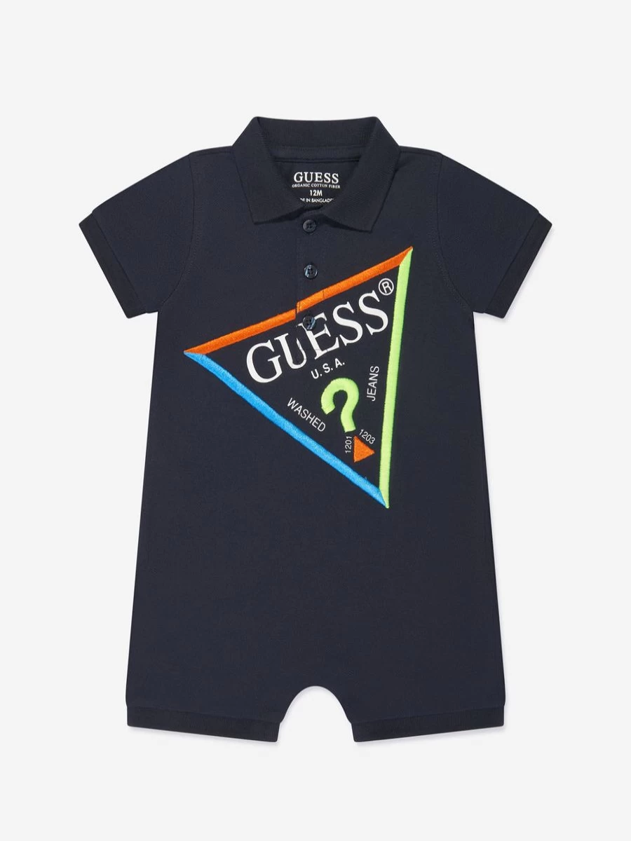 Guess Baby Boys Navy Logo Romper - Soft Cotton Bodysuit for Infants