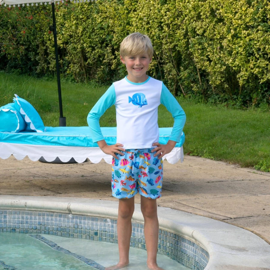 Rachel Riley Boys' Tropical Fish Print Rash Guard - UV Protection Swim Shirt, Quick-Dry Multicolor