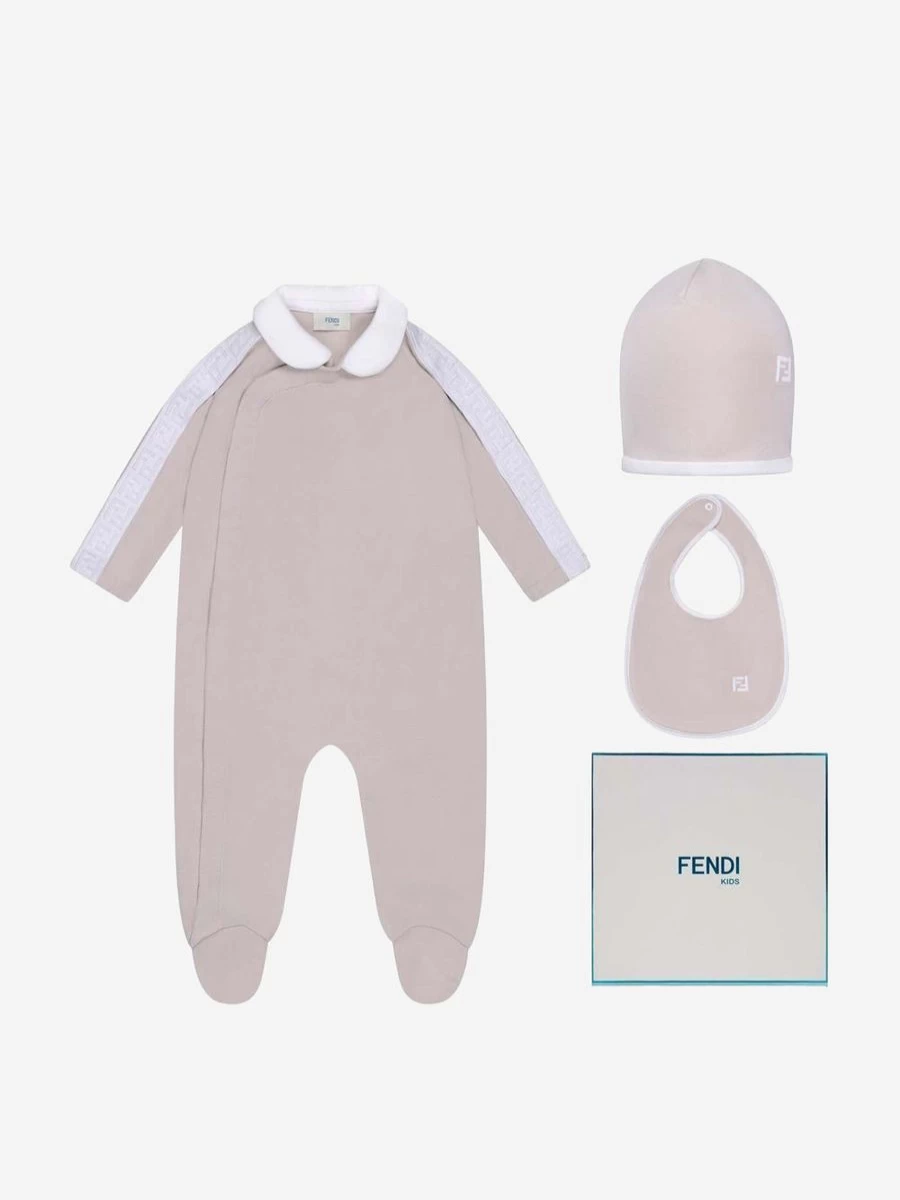 Fendi Kids Baby Boys' 3-Piece Gift Set | Beige Babygrow Romper Outfit