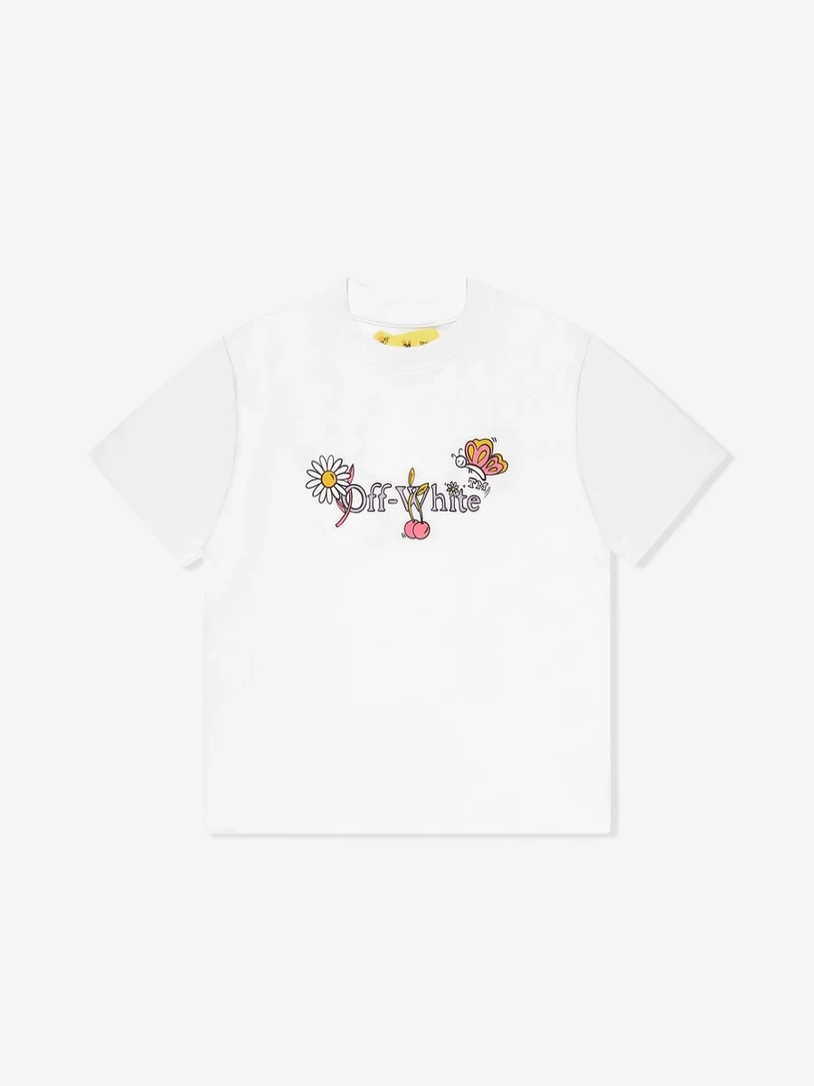 Off-White Girls' Floral Graphic Funny Flower Print White T-Shirt