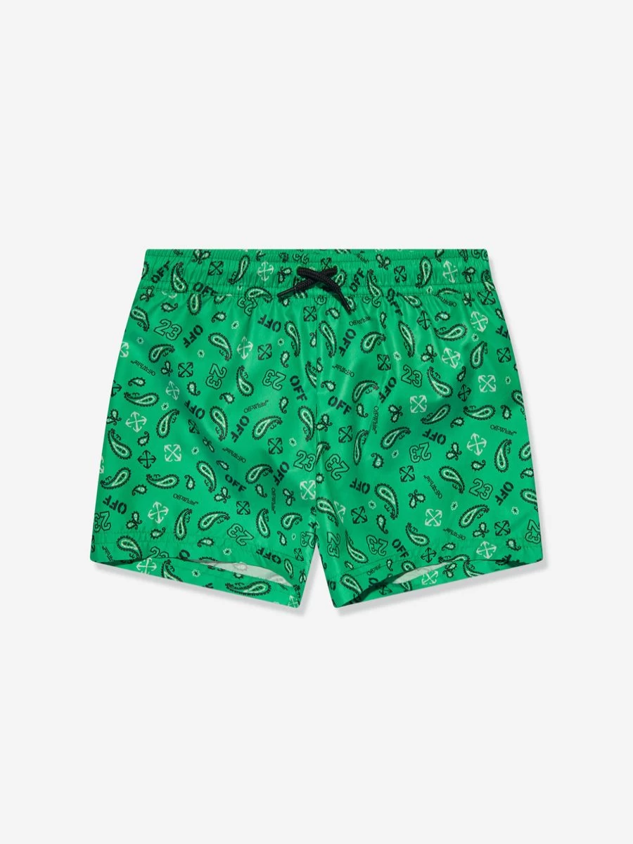Off-White Boys Green Bandana Print Swim Shorts for Beach & Pool