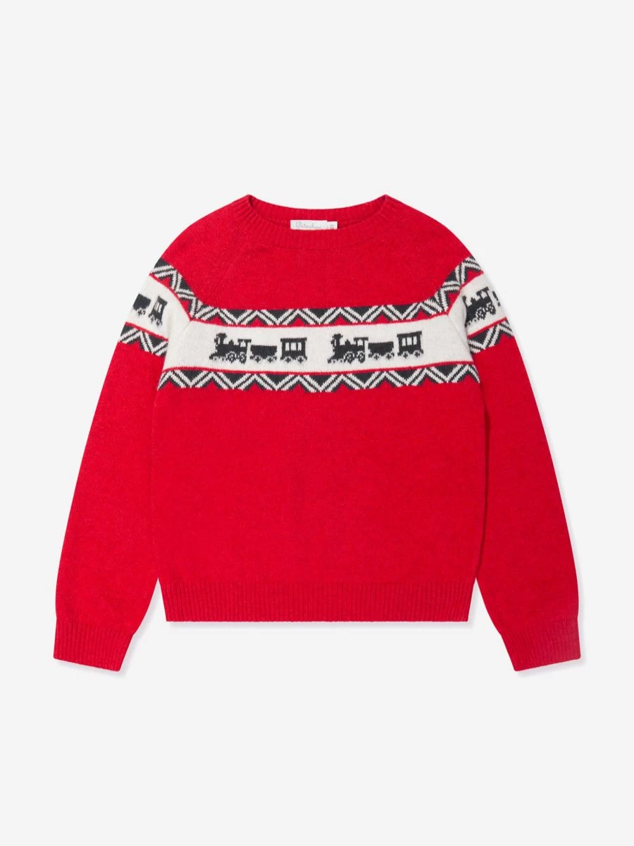 Patachou Boys Red Wool Knit Train Jumper - Soft Winter Sweater for Kids