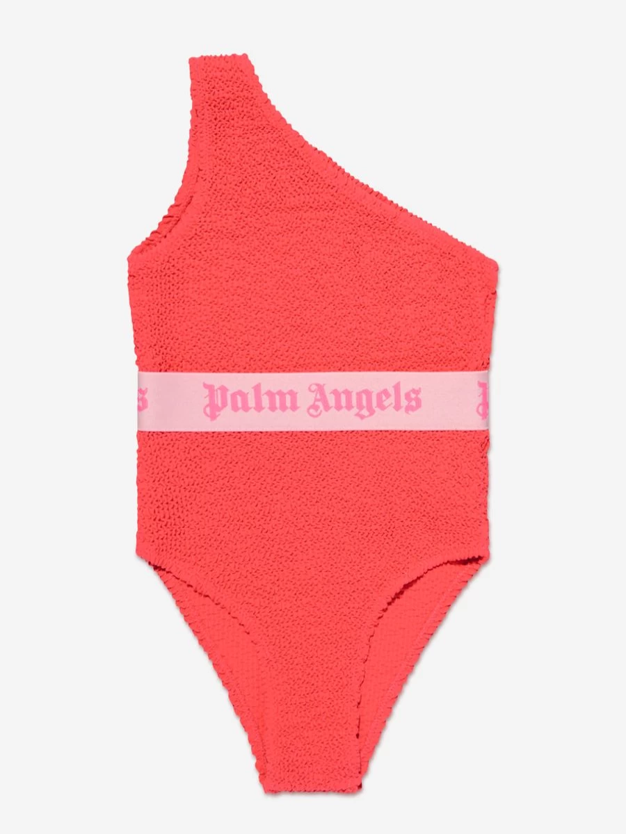 Palm Angels Girls Red One Shoulder Logo Band Swimsuit for Women