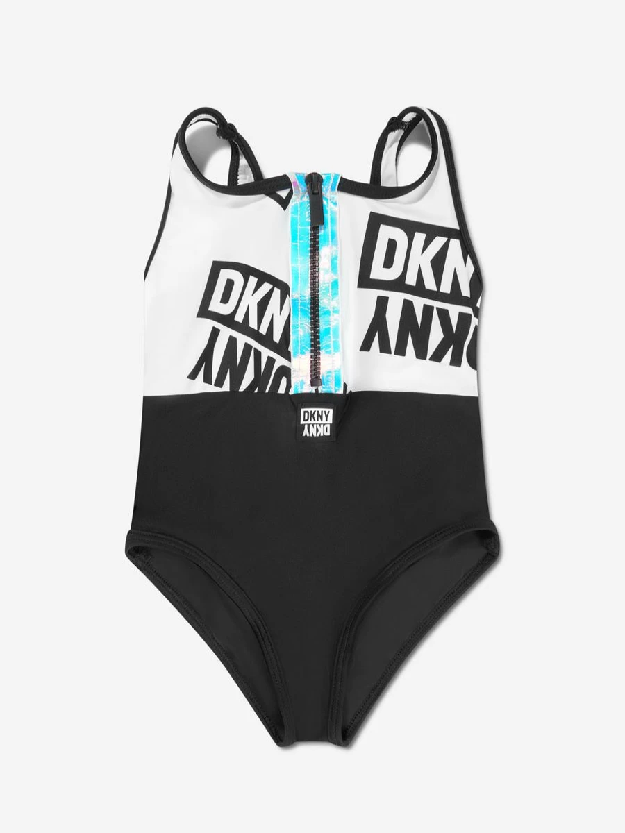 DKNY Teen Girls' White Half Zip Logo One-Piece Swimming Costume