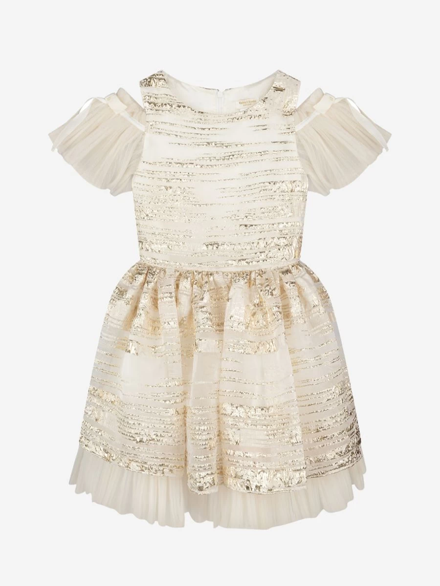 David Charles Girls' Ivory & Striped Brocade Dress - Elegant Floral Embroidery Party Gown