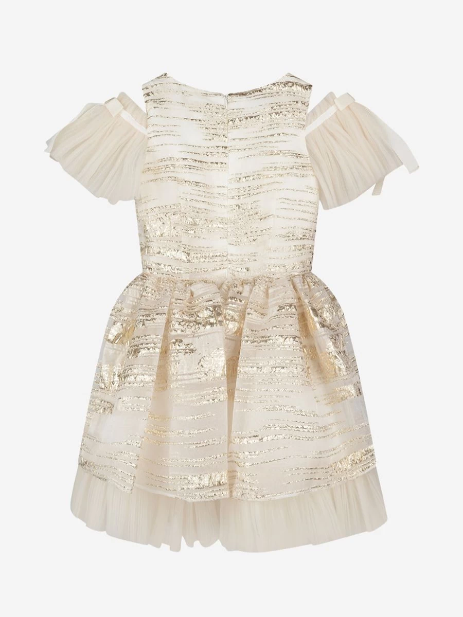 David Charles Girls' Ivory & Striped Brocade Dress - Elegant Floral Embroidery Party Gown