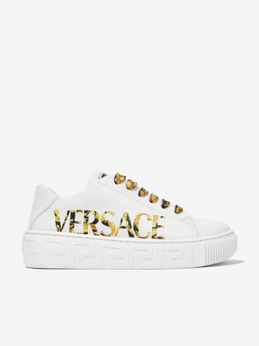 Versace Girls White Leather Logo Trainers for Kids