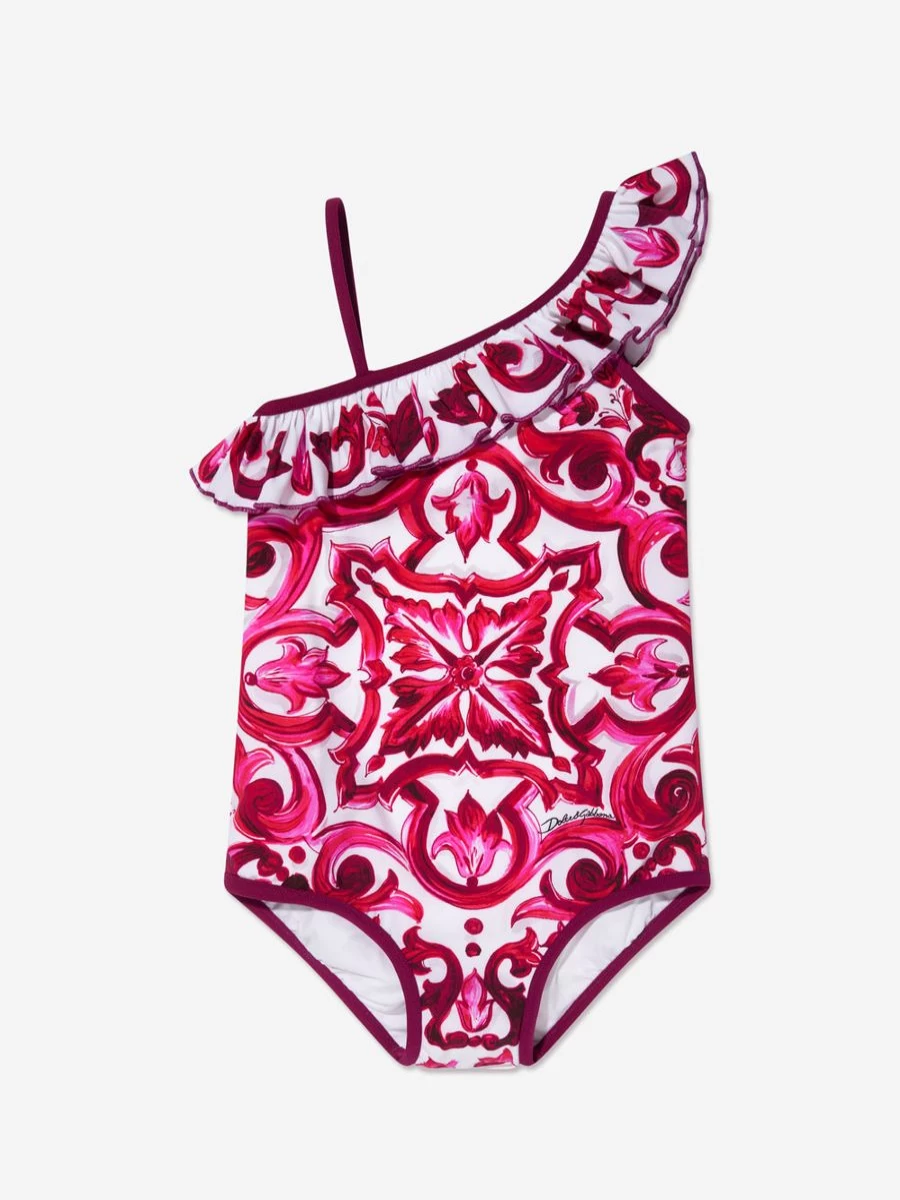 Dolce & Gabbana Kids Teen Pink Majolica Print Swimsuit for Girls