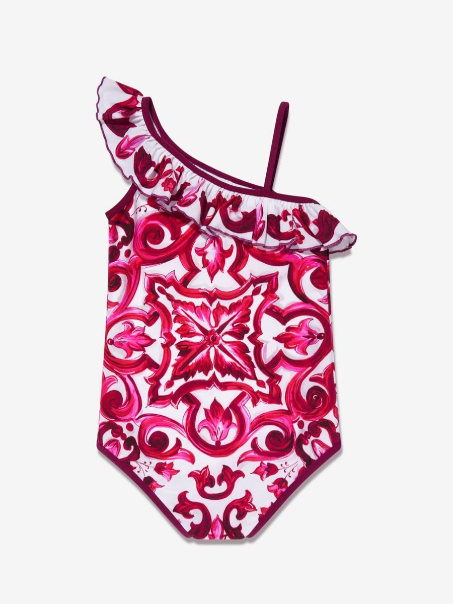 Dolce & Gabbana Kids Teen Pink Majolica Print Swimsuit for Girls