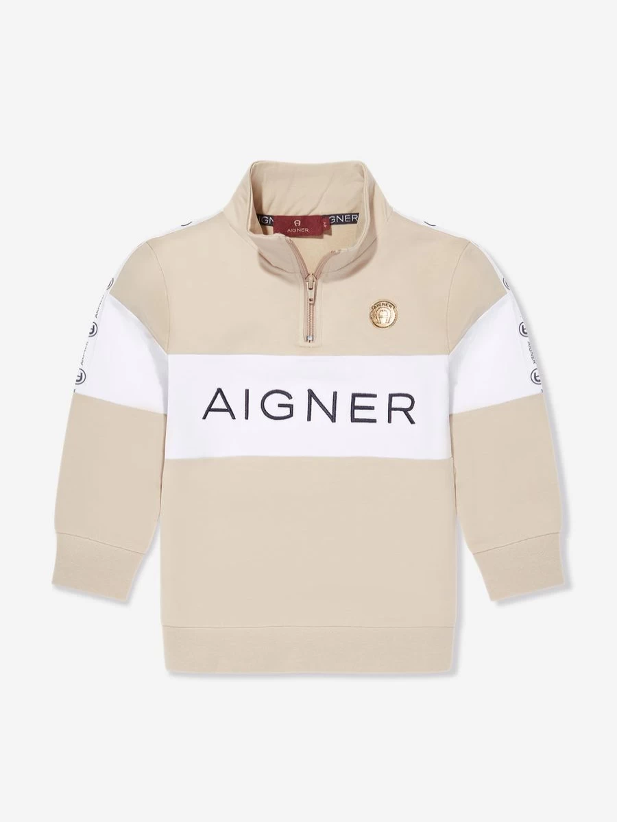 Aigner Boys' Beige Logo Embroidered Sweatshirt | Casual Cotton Pullover