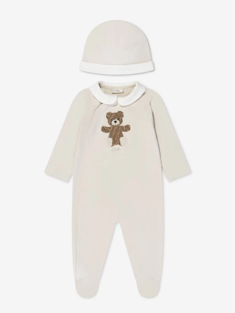 Fendi Kids Baby Bear 2-Piece Babygrow Gift Set in Beige for Newborns & Infants | Soft Cotton Romper & Bodysuit Outfit