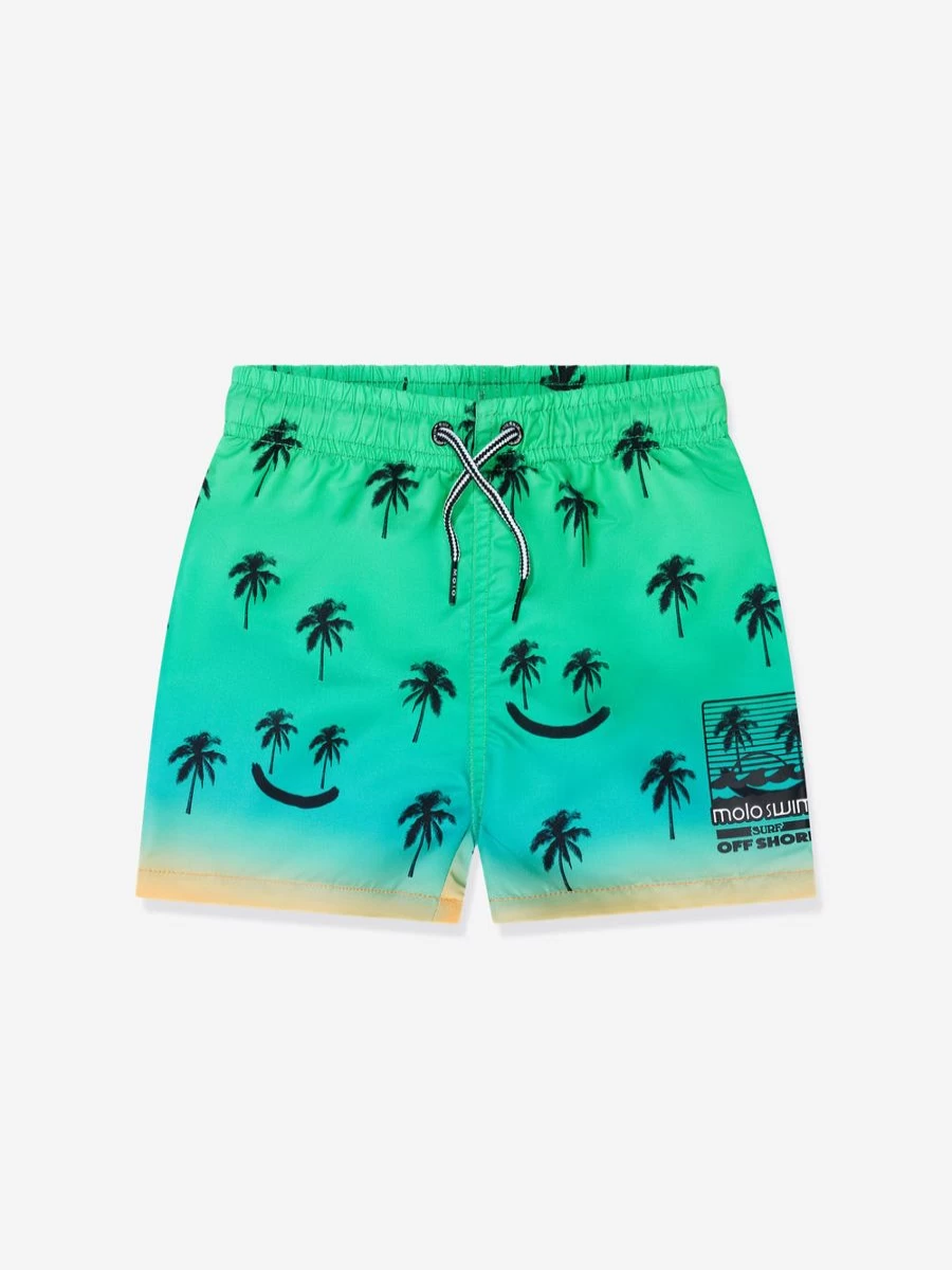 Molo Boys Green Palm Tree Smiley Face Niko Swim Shorts for Summer Beach Fun