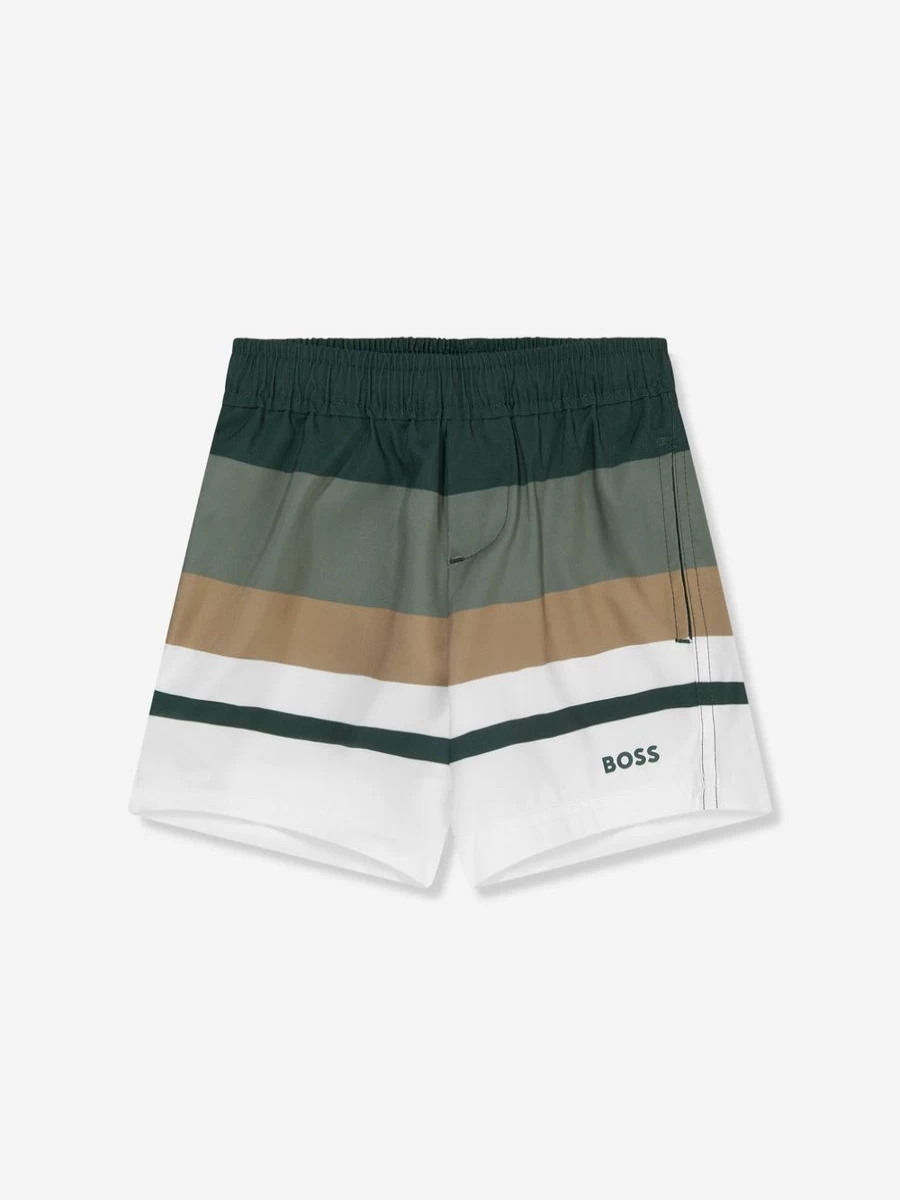 BOSS Boys' Green Striped Swim Shorts for Kids - Quick-Dry Beach Trunks