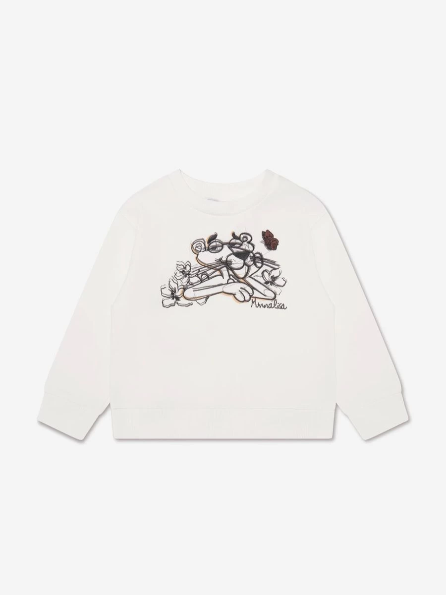 Monnalisa Girls Pink Panther Graphic Ivory Sweatshirt - Cute Cartoon Pullover for Kids