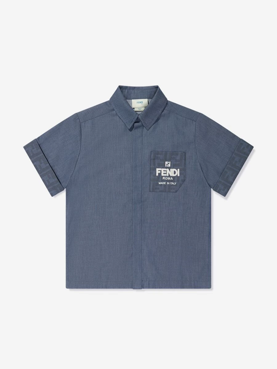 Fendi Kids Teen Blue Chambray Shirt with Pocket for Boys