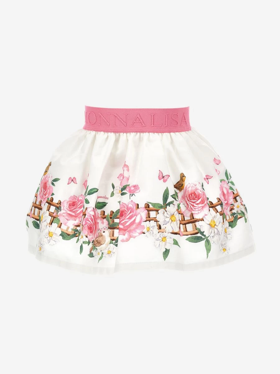 Monnalisa Baby Girls White Floral Print Skirt - Elegant Flower Design for Toddlers