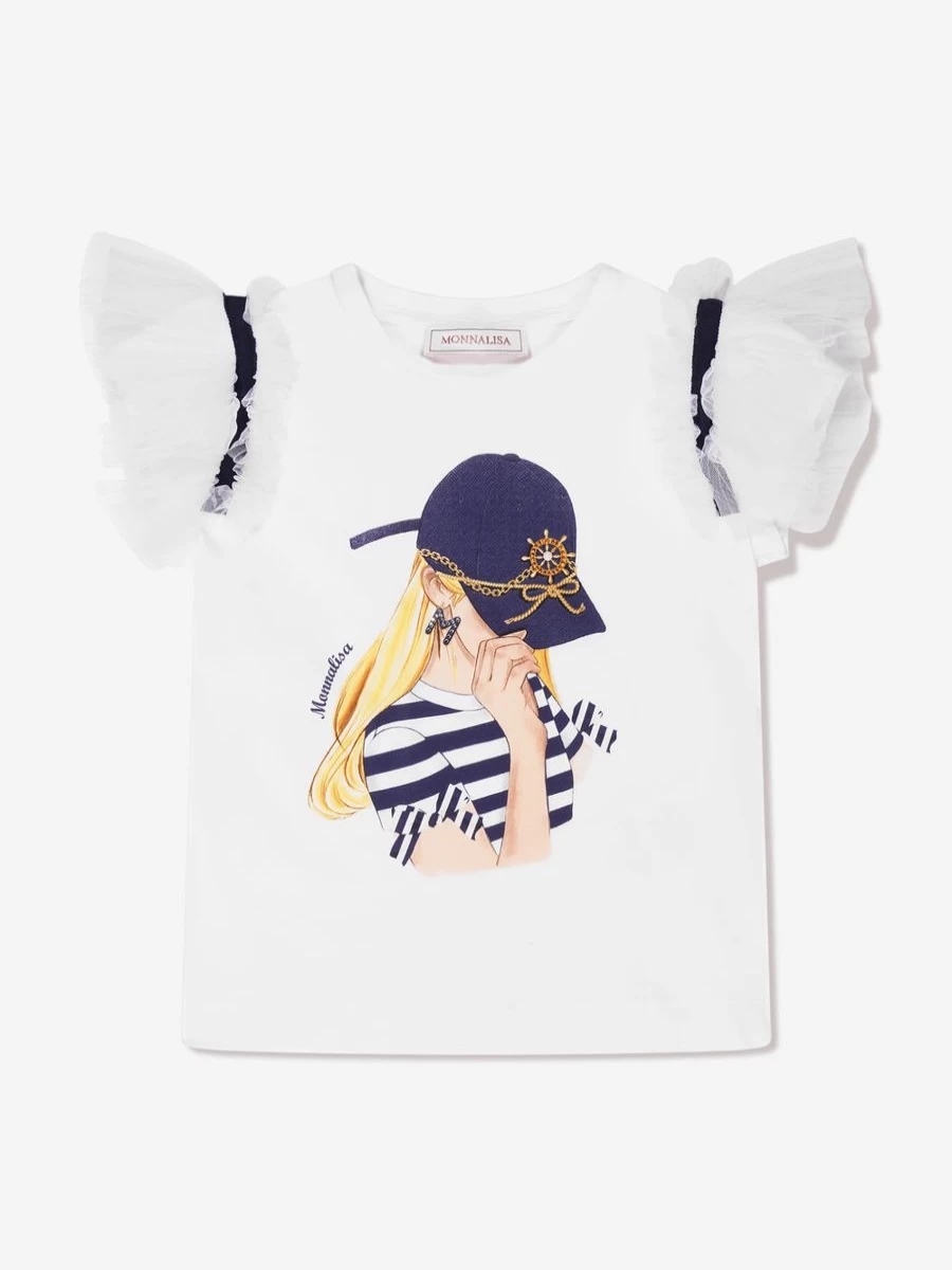 Monnalisa Girls White Seafarer T-Shirt - Stylish Nautical Top for Kids