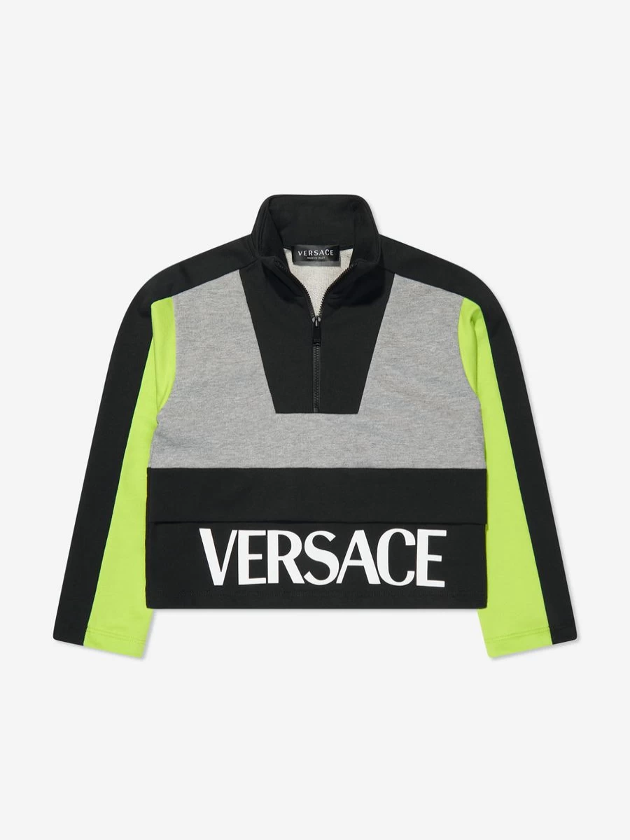 Versace Boys Grey Half Zip Sweatshirt | Premium Cotton Pullover for Kids