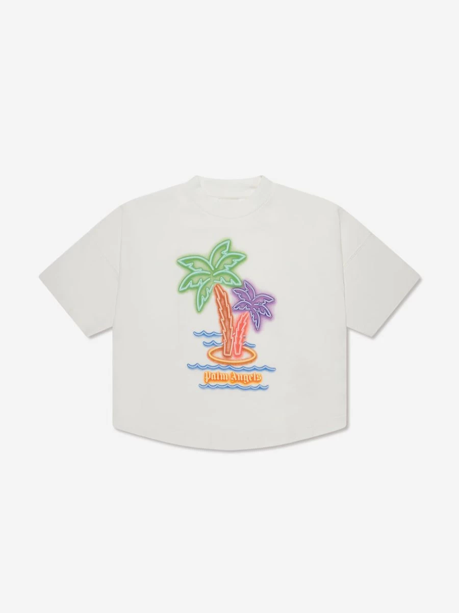 Palm Angels Boys White Neon Oversized T-Shirt with Palm Print
