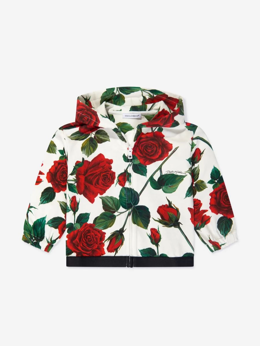 Dolce & Gabbana Kids Baby Girls White Rose Embroidered Zip-Up Hooded Jacket