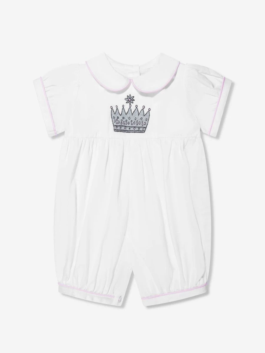 Rachel Riley Ivory Embroidered Princess Crown Romper for Baby Girls