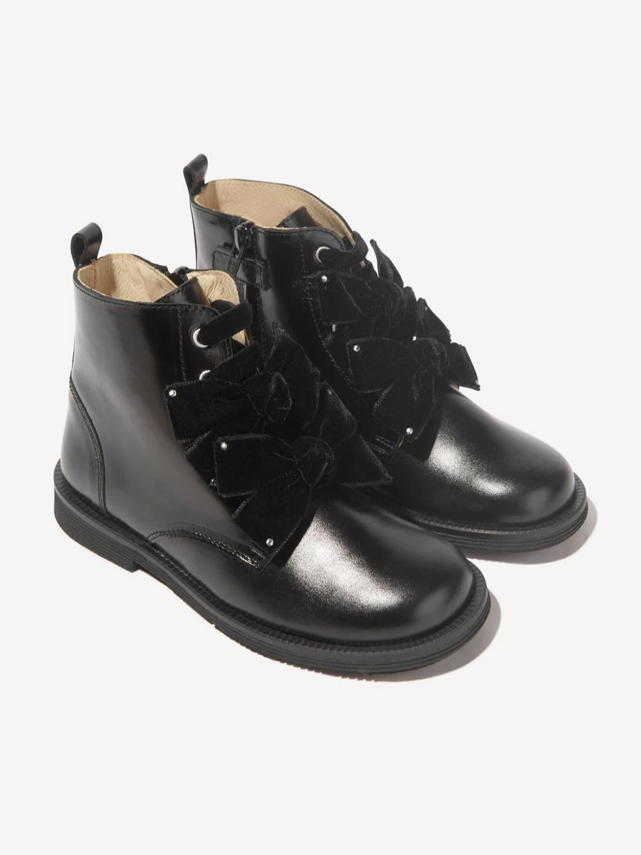 Andanines Girls Black Ribbon Lace Up Boots - Stylish Lace-Up Fashion Booties for Girls