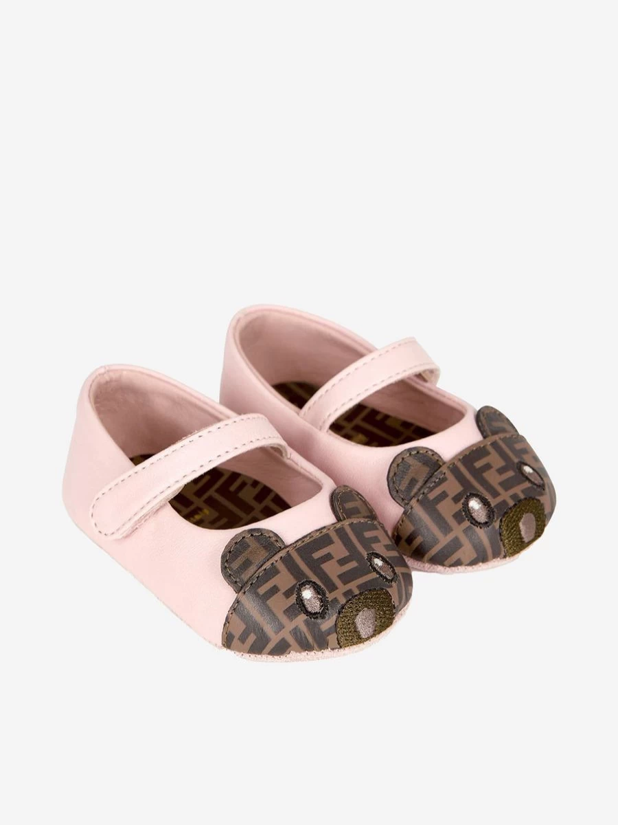 Fendi Kids Baby Girls Pink Leather Shoes with Bear Logo | Stylish Infant Footwear by Childsplay Clothing