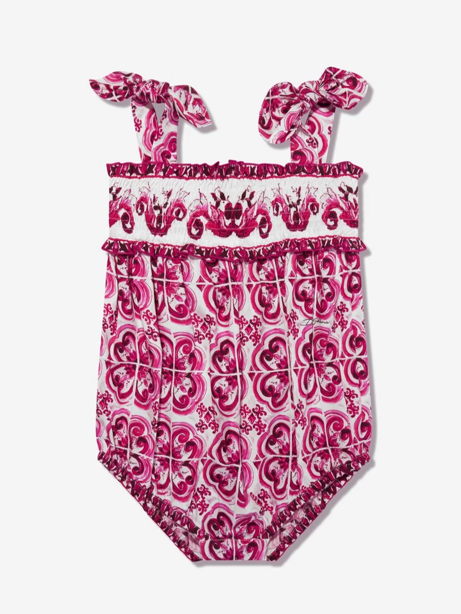 Dolce & Gabbana Kids Girls Pink Majolica Floral Romper One-Piece Outfit
