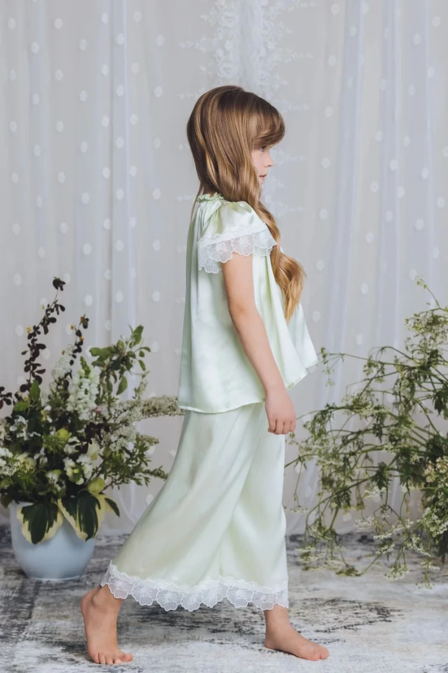 Amiki Girls' Lime Green Silk Angelina Pyjama Set - Soft Kids Pajamas