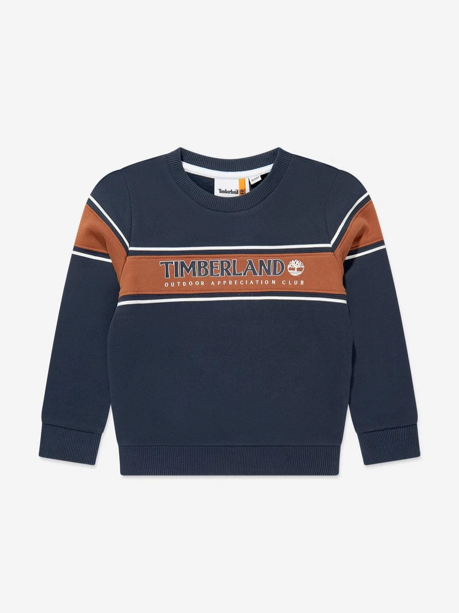Timberland Boys Navy Logo Print Sweatshirt - Comfortable Casual Pullover for Kids