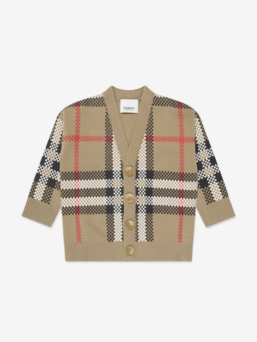Burberry Kids Baby Boys Johnny Checkered Beige Cardigan Sweater