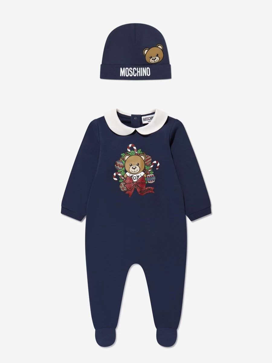 Moschino Kids Navy Baby Hat and Babygrow Gift Set for Newborns
