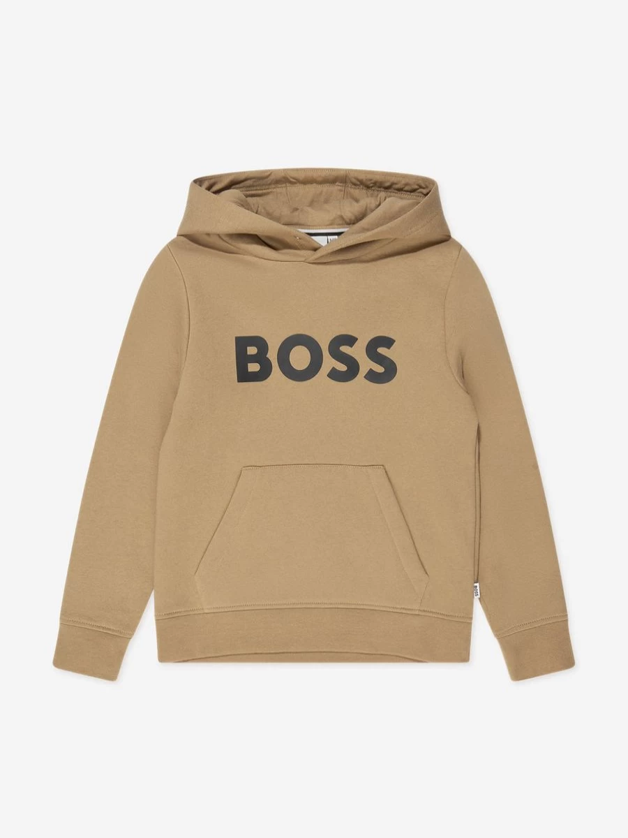 BOSS Boys' Beige Logo Embroidered Hooded Sweatshirt
