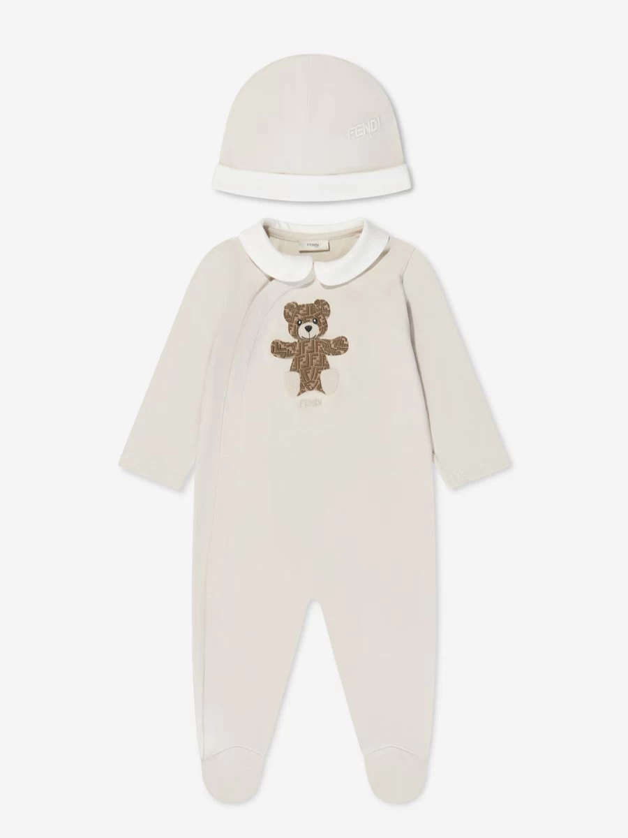 Fendi Kids Baby Boys' Bear Print 2-Piece Babygrow Gift Set in Beige | Soft Cotton Outfit